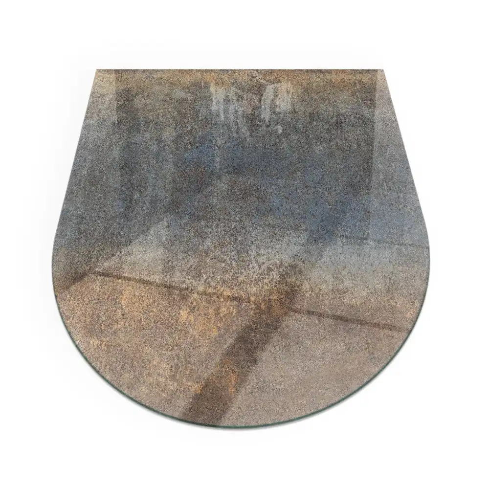 Plaque de sol semi-ovale en verre trempé pour cheminée avec motif texturé abstrait