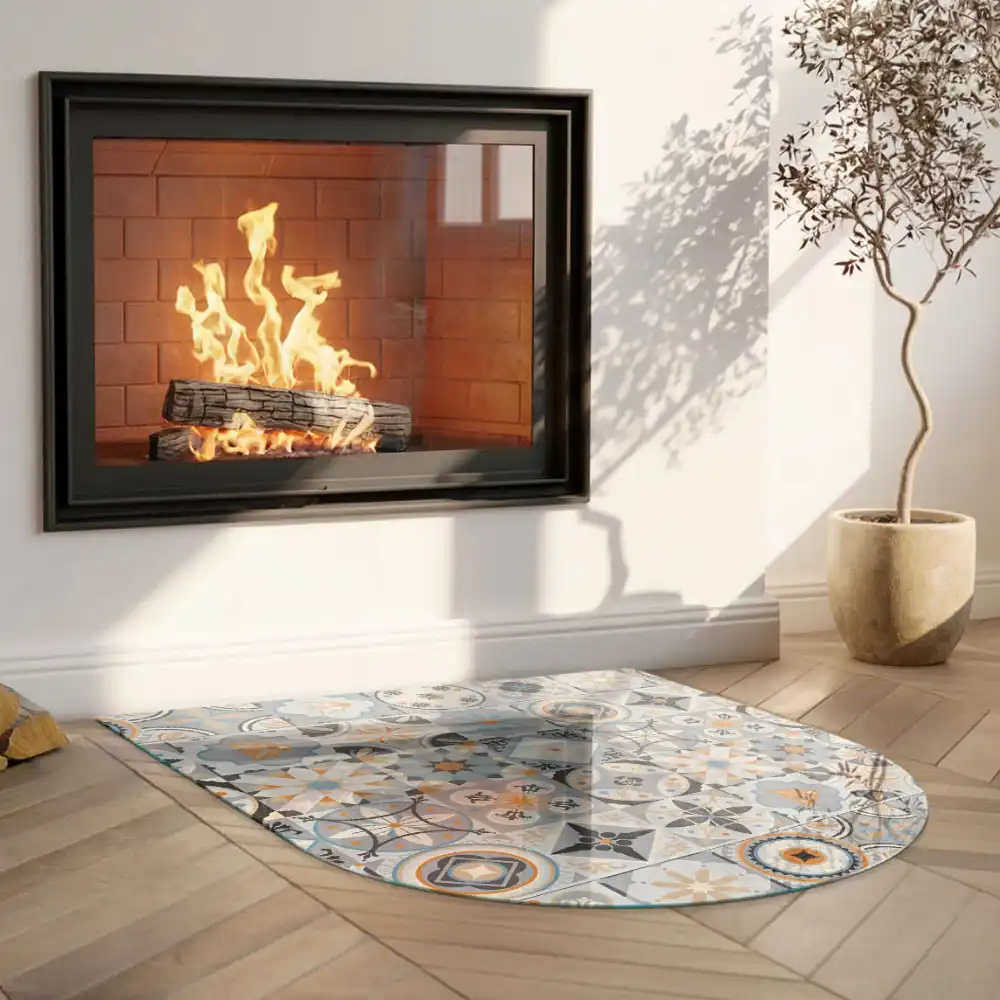 Plaque de sol semi-ovale pour cheminée à motifs de mosaïque