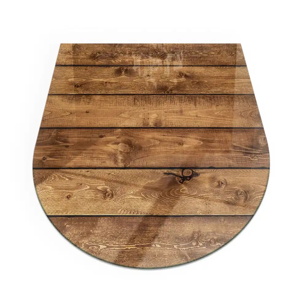 Plaque de sol semi-ovale en verre pour cheminée motif grain de bois
