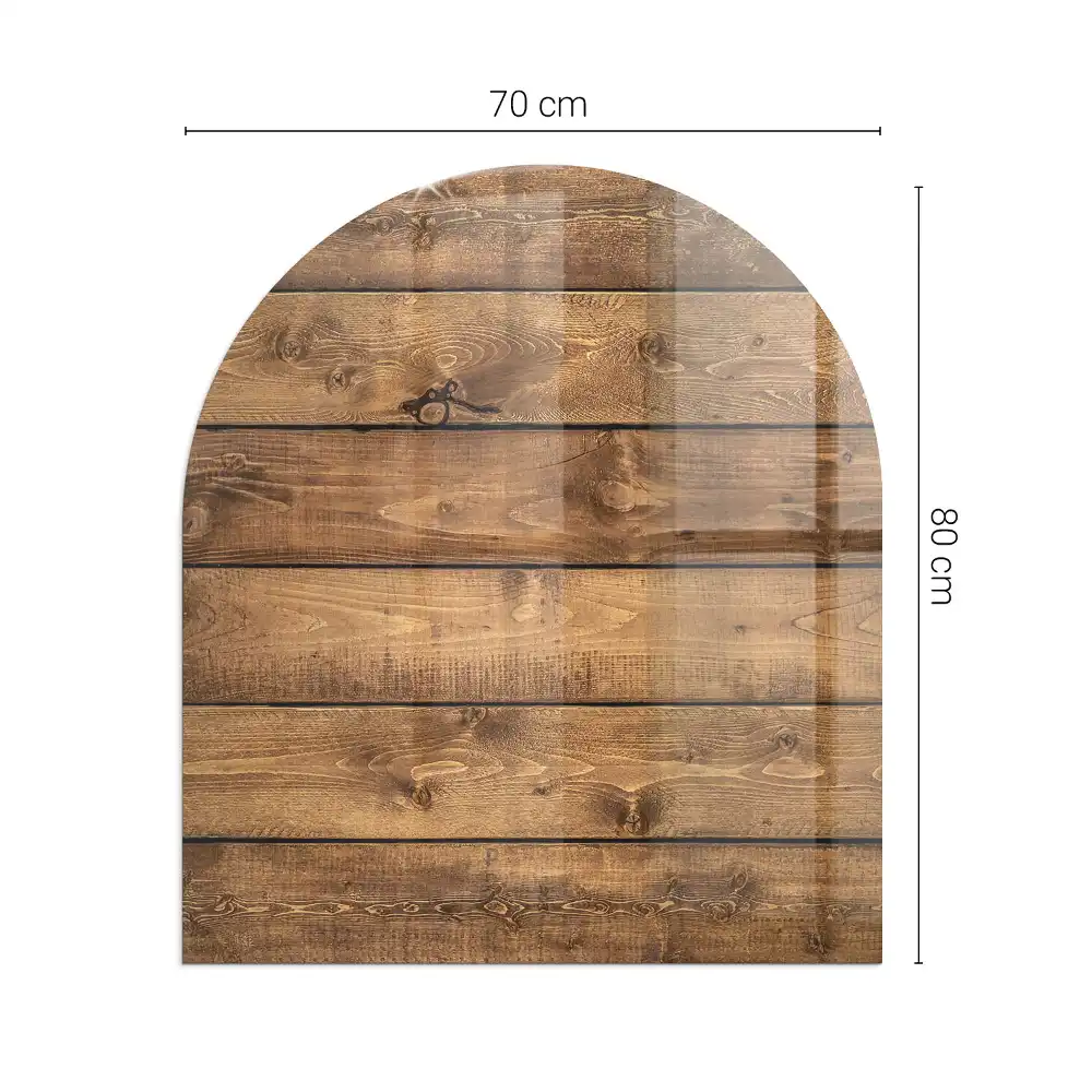 Plaque de sol semi-ovale en verre pour cheminée motif grain de bois