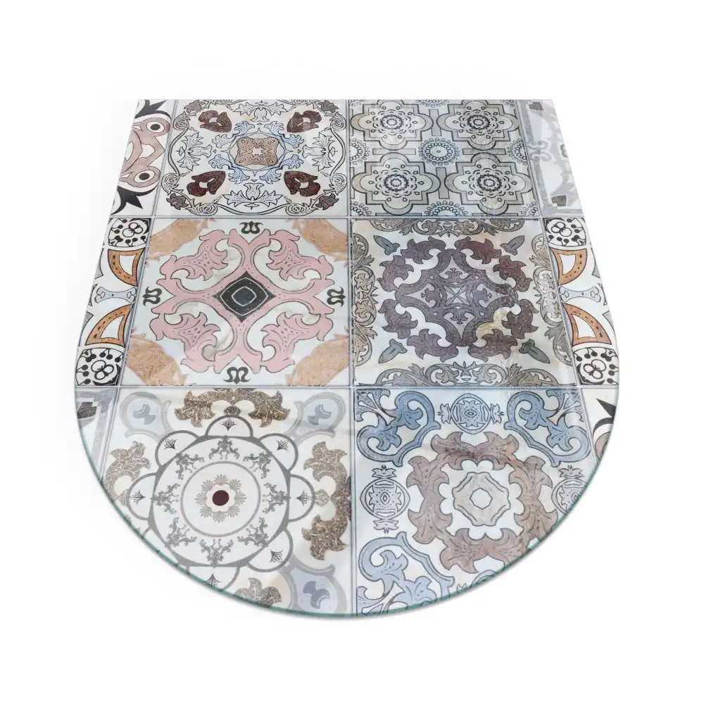 Plaque de sol semi-ovale en verre trempé pour cheminée avec motifs de mosaïque en carreaux