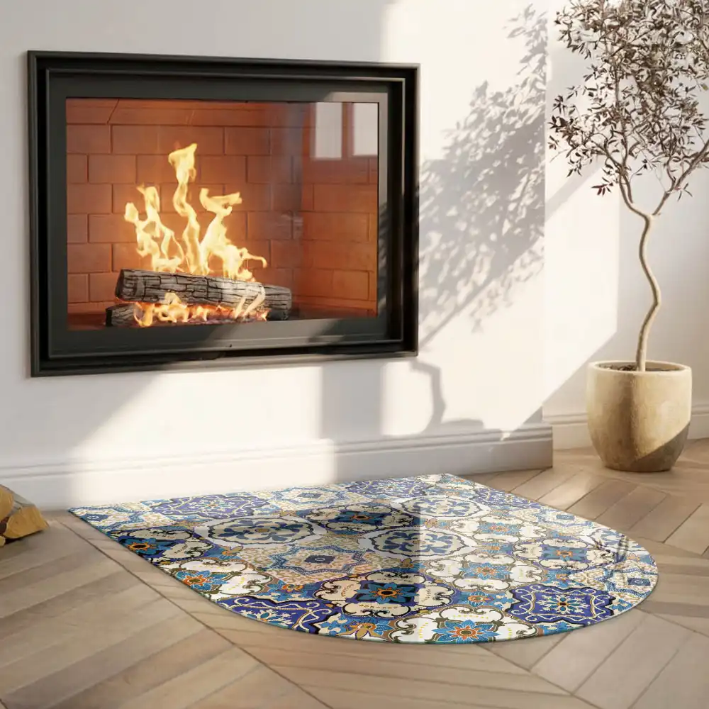 Plaque de sol semi-ovale pour cheminée avec motif mosaïque à fleurs