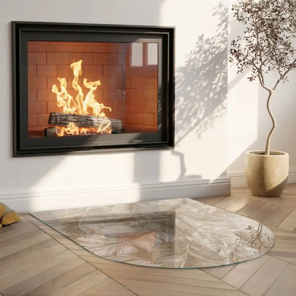 Plaque de protection en verre semi-ovale pour poêle à bois à motif de feuilles