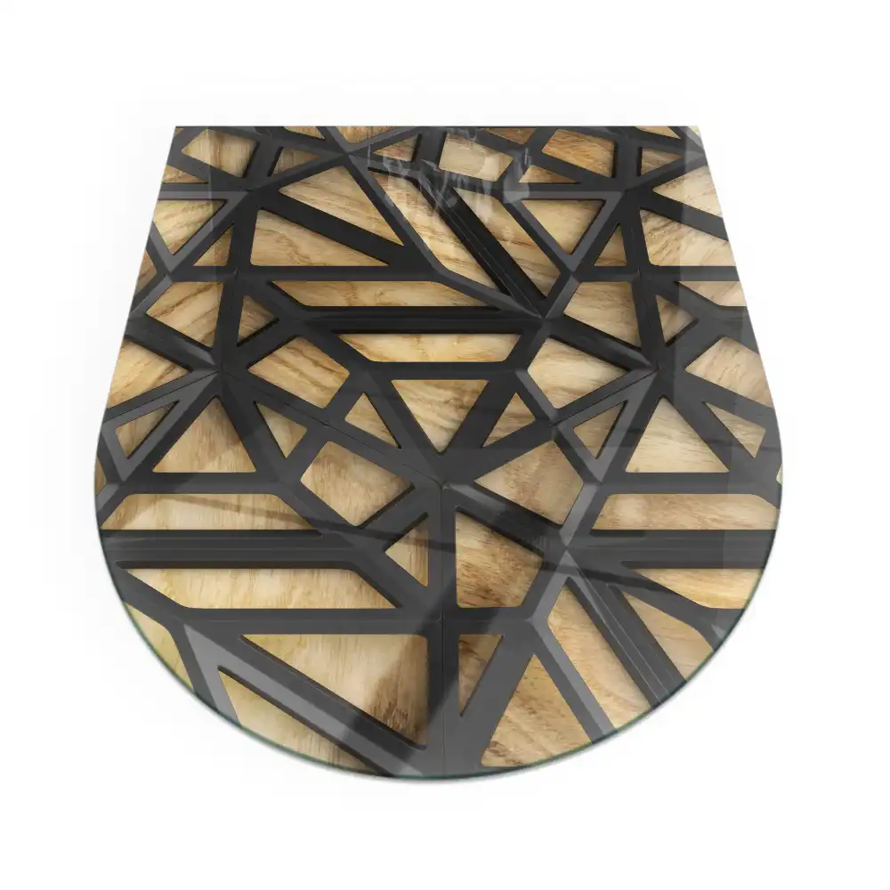 Plaque de sol semi-ovale en verre trempé pour cheminée motif géométrique bois