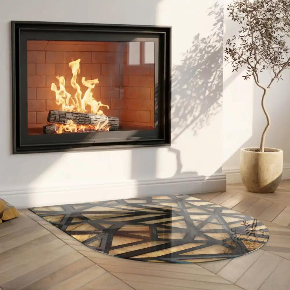 Plaque de sol semi-ovale en verre trempé pour cheminée motif géométrique bois