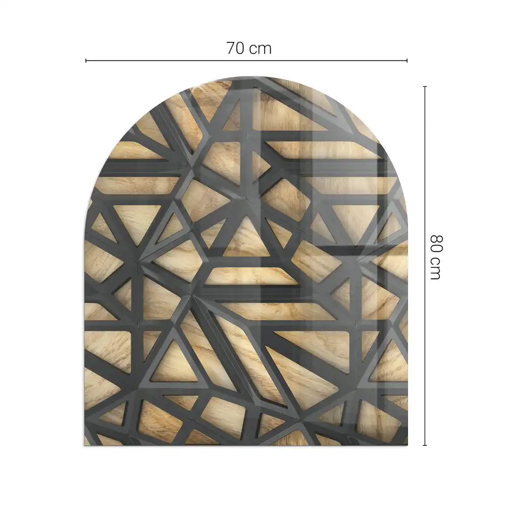 Plaque de sol semi-ovale en verre trempé pour cheminée motif géométrique bois