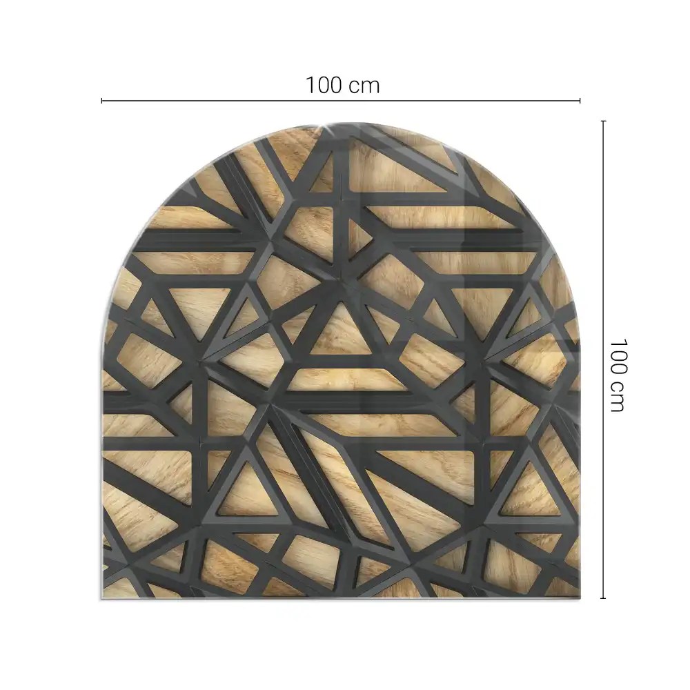 Plaque de sol semi-ovale en verre trempé pour cheminée motif géométrique bois