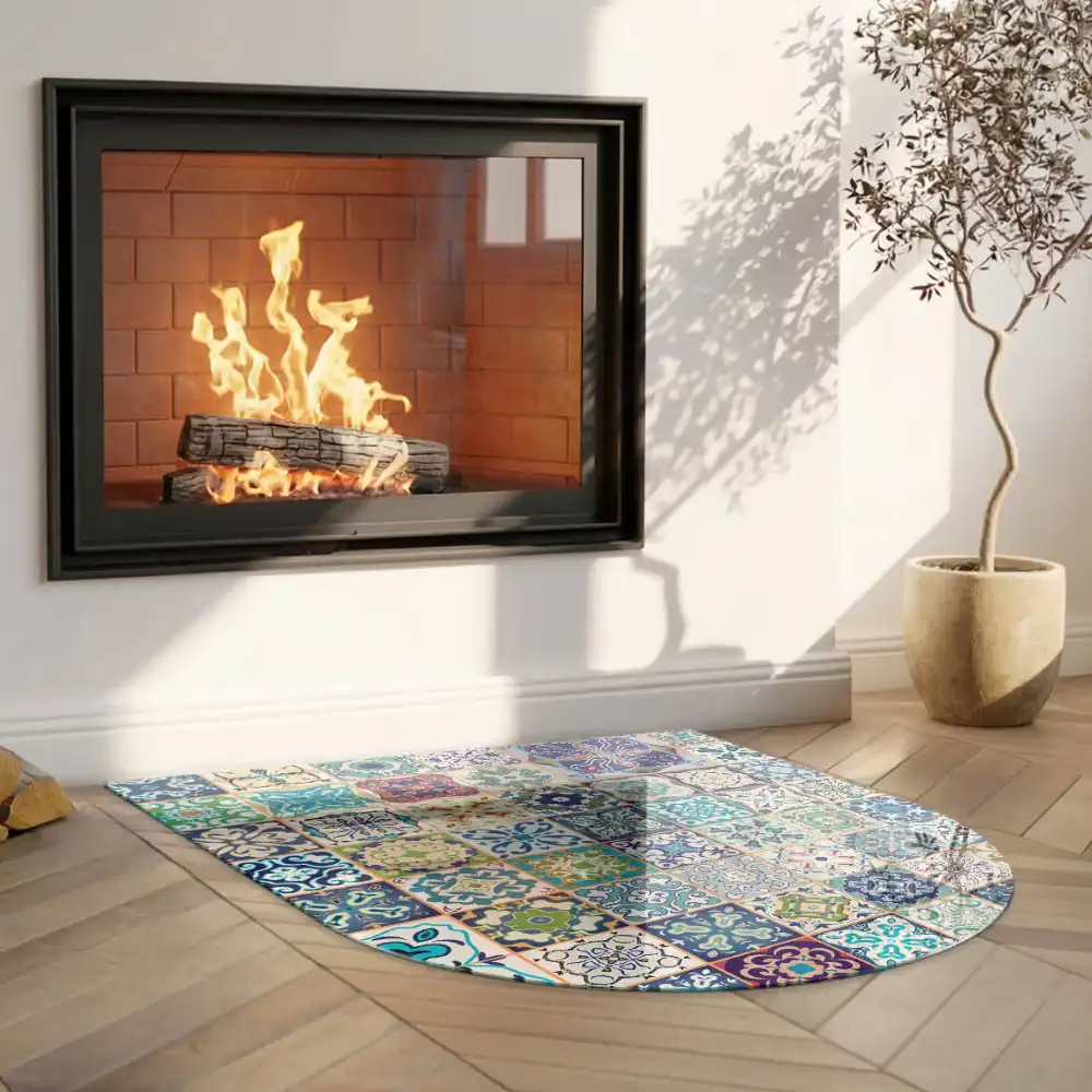 Plaque de sol semi-ovale en verre trempé pour cheminée motif mosaïque sur carreaux