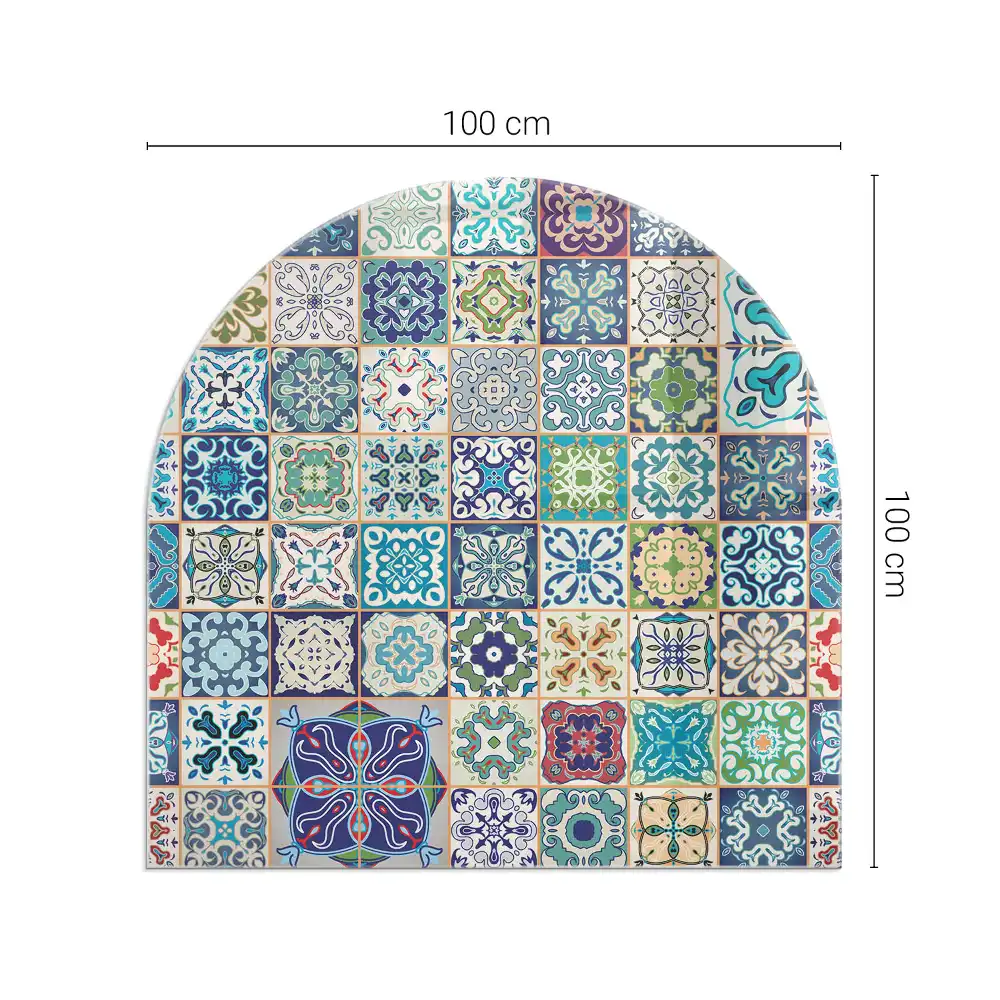 Plaque de sol semi-ovale en verre trempé pour cheminée motif mosaïque sur carreaux