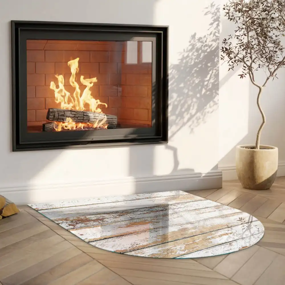 Plaque de protection de sol semi-ovale pour cheminée aspect bois vieilli