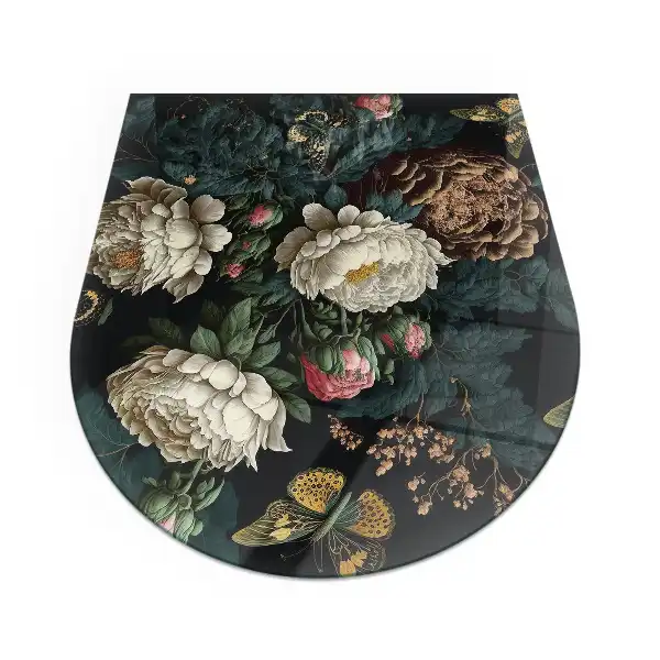Plaque de protection en verre semi-ovale pour poêle à bois avec motif floral et papillons
