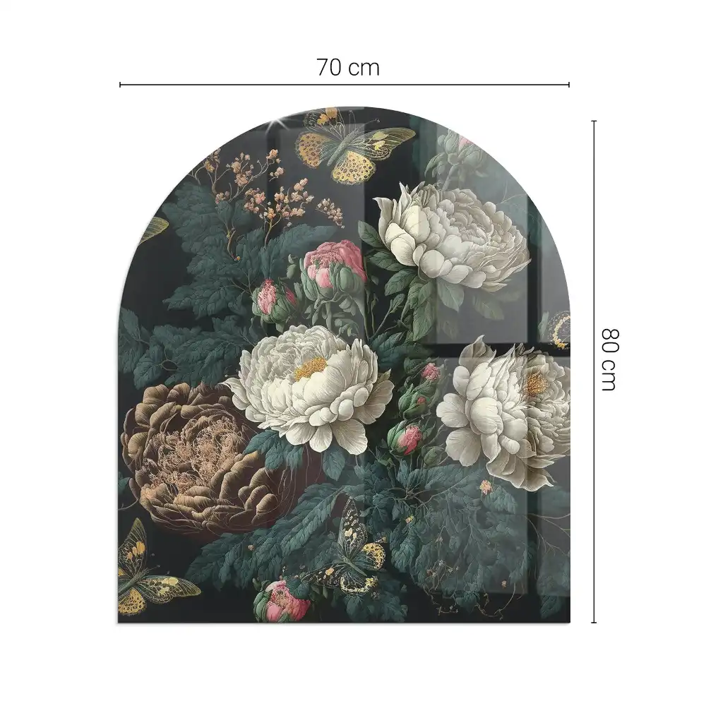 Plaque de protection en verre semi-ovale pour poêle à bois avec motif floral et papillons
