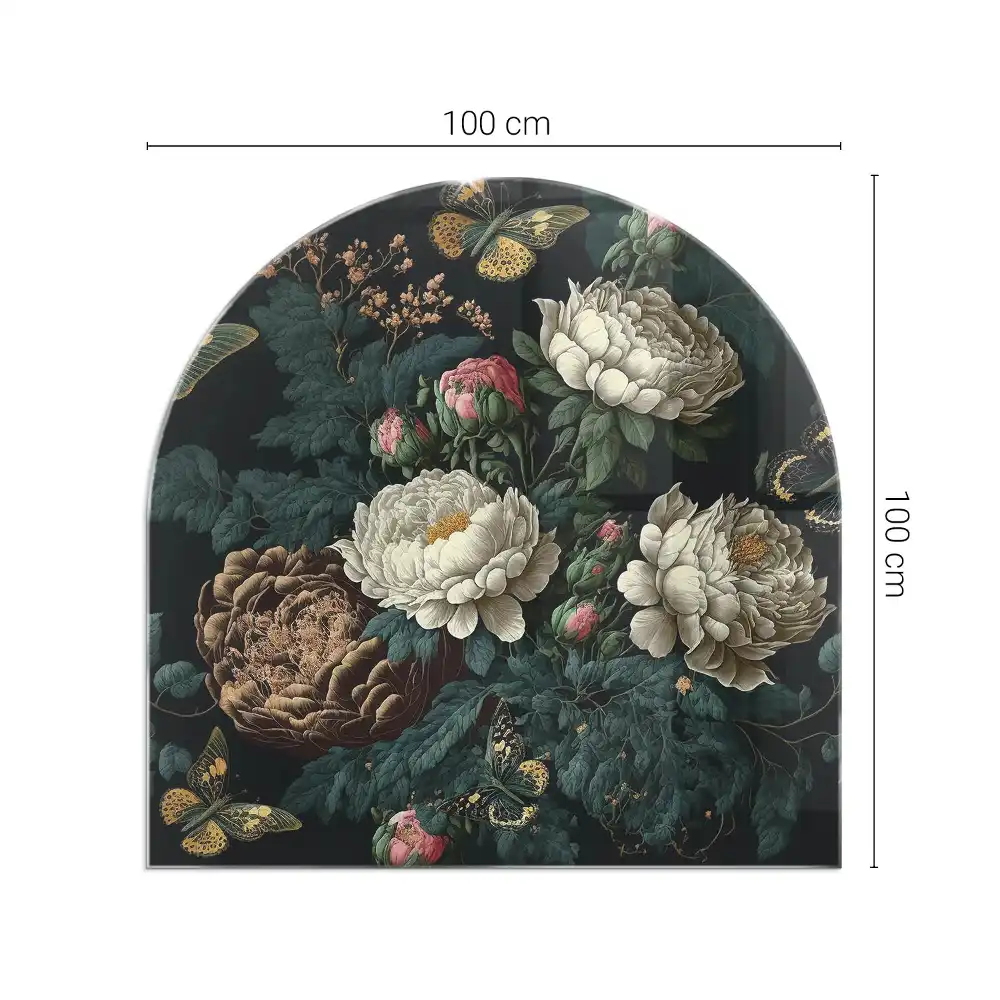 Plaque de protection en verre semi-ovale pour poêle à bois avec motif floral et papillons