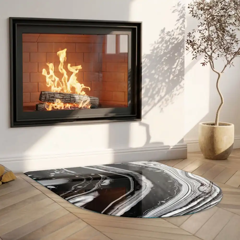 Plaque de sol semi-ovale en verre pour cheminée avec motif vagues et lignes abstraites