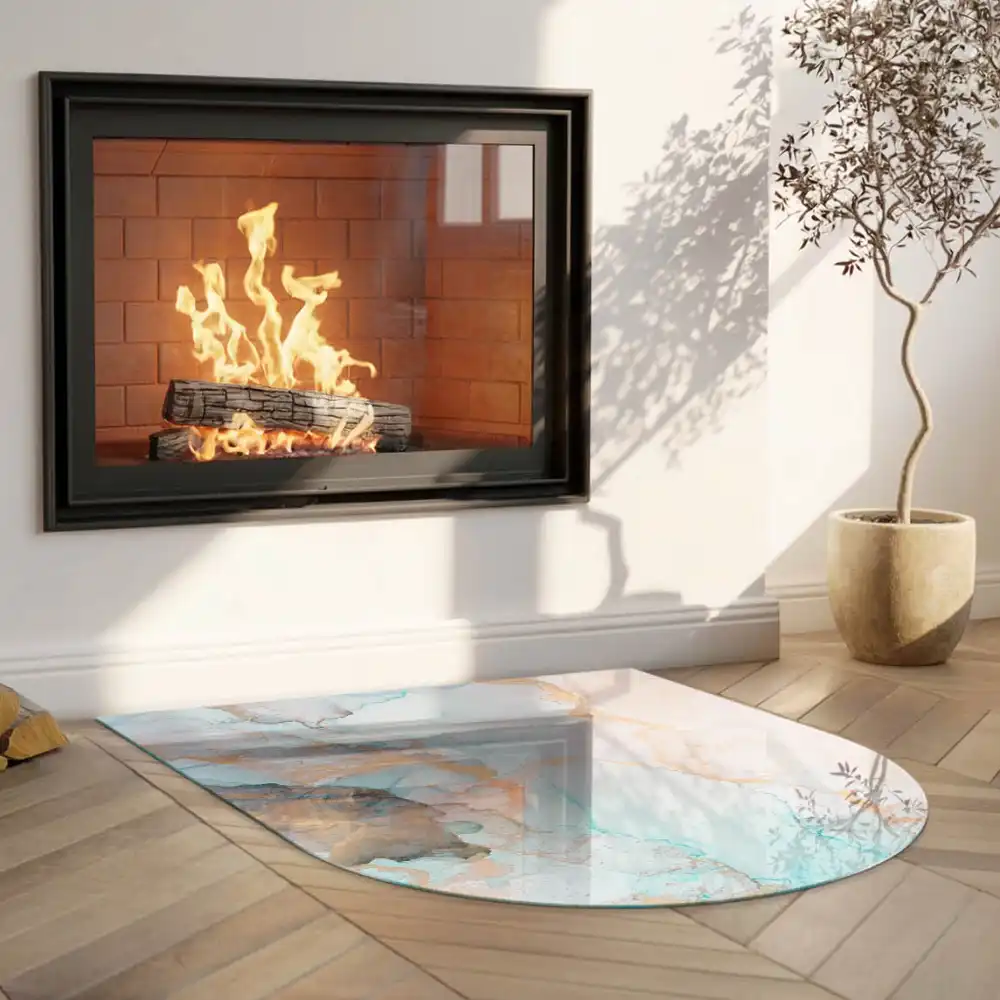 Plaque de sol semi-ovale en verre trempé pour poêle avec motif abstrait fluide