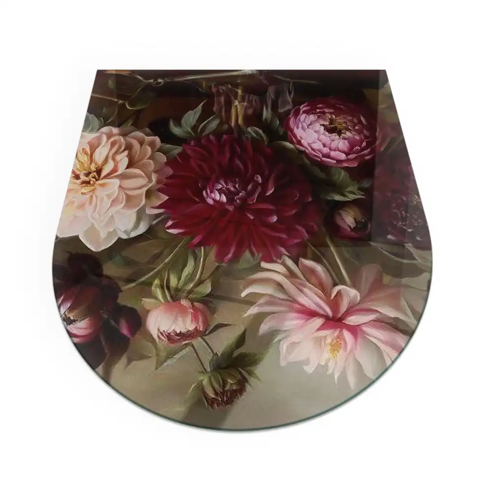 Plaque de protection en verre semi-ovale pour poêle à bois motif bouquet de fleurs