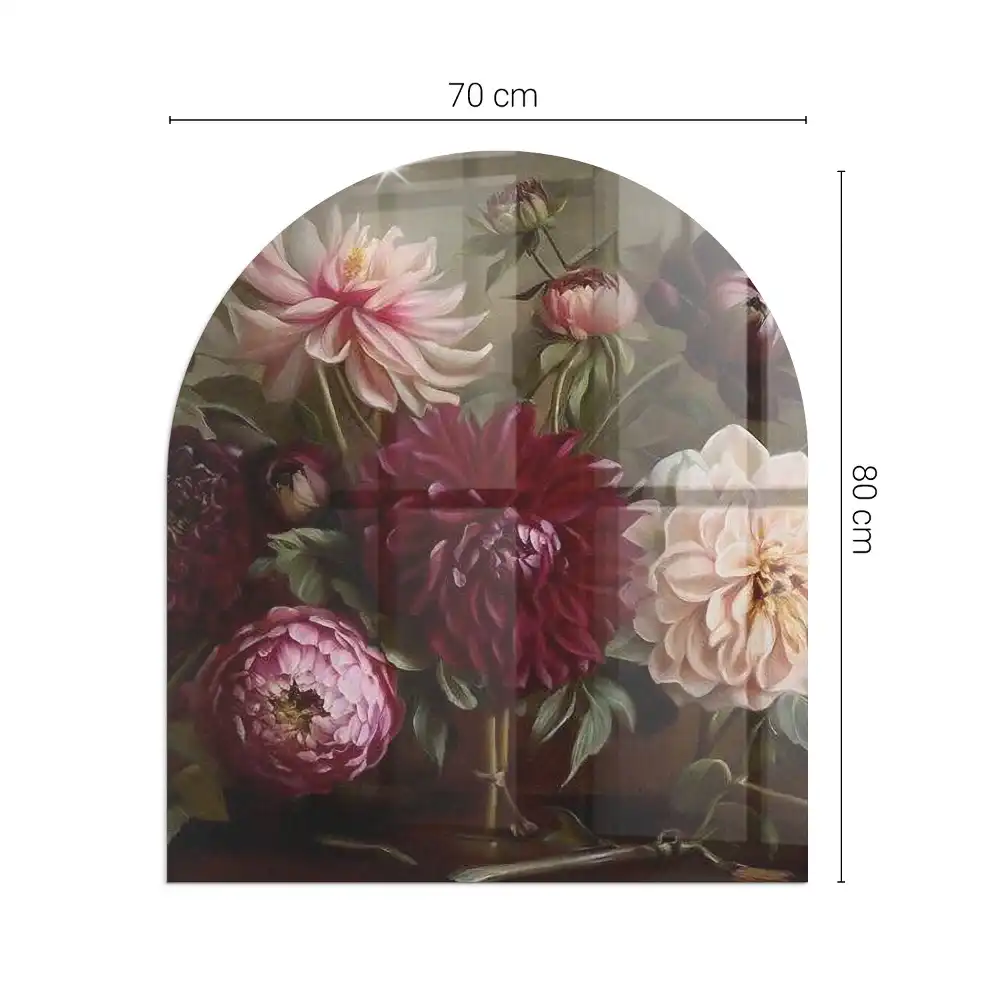 Plaque de protection en verre semi-ovale pour poêle à bois motif bouquet de fleurs