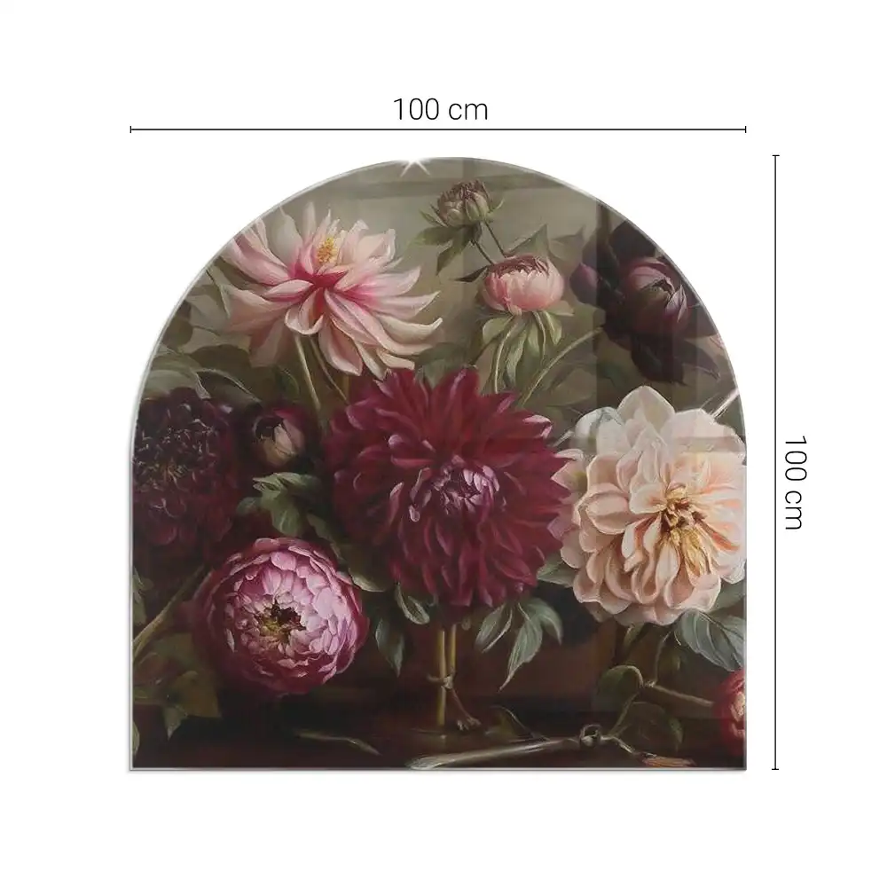 Plaque de protection en verre semi-ovale pour poêle à bois motif bouquet de fleurs