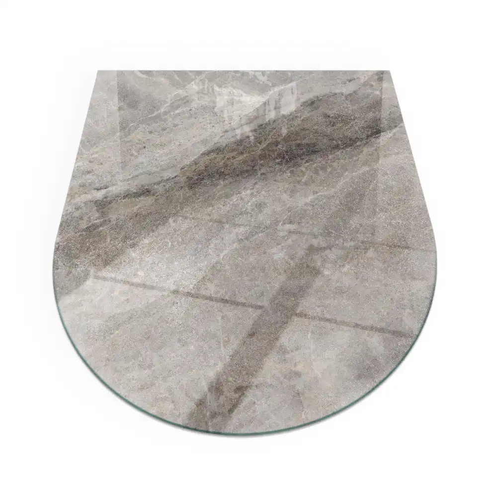 Plaque de sol semi-ovale en verre pour poêle à bois décor pierre naturelle