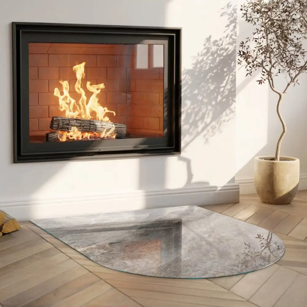 Plaque de sol semi-ovale en verre pour poêle à bois décor pierre naturelle