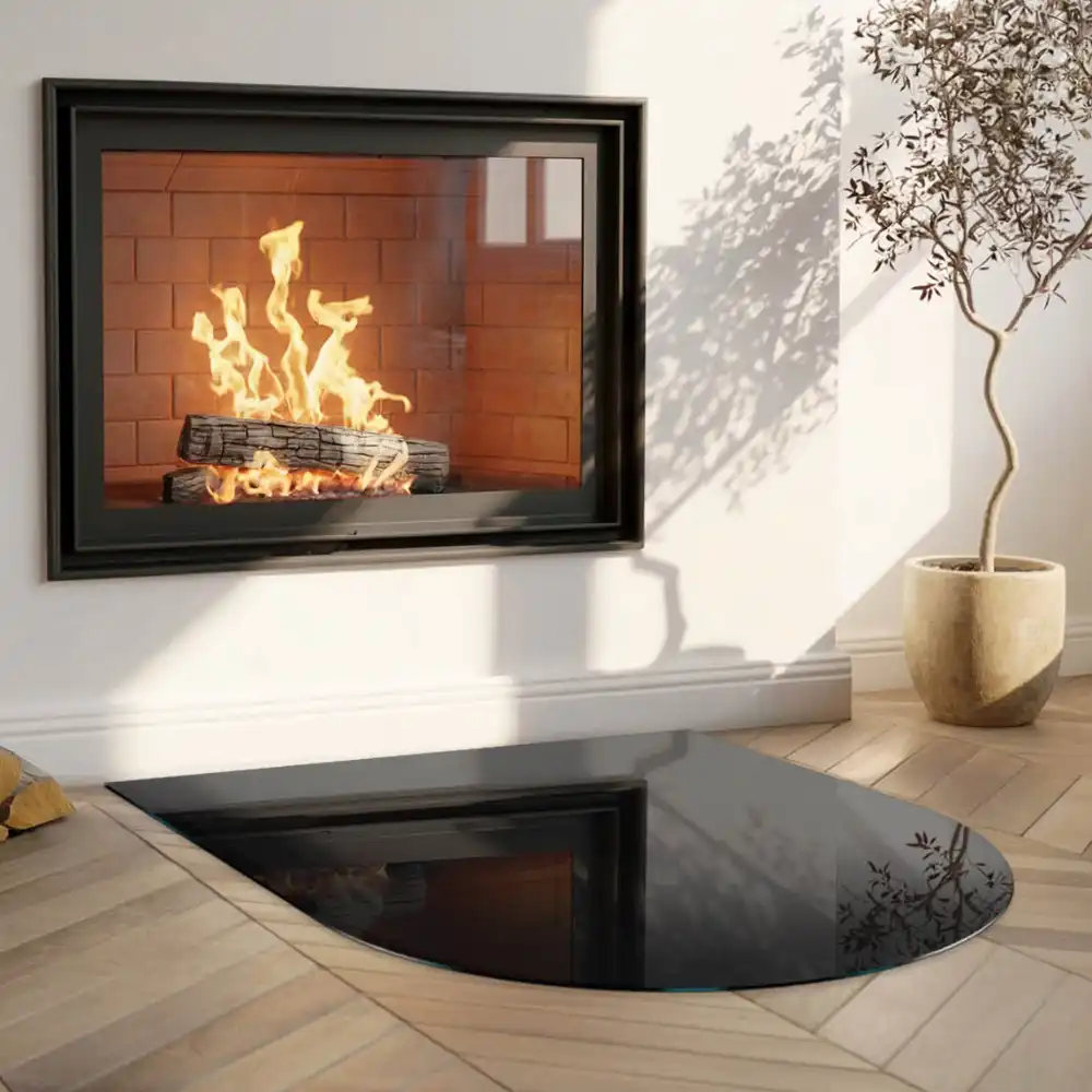 Plaque de sol semi-ovale pour cheminée en verre trempé noir
