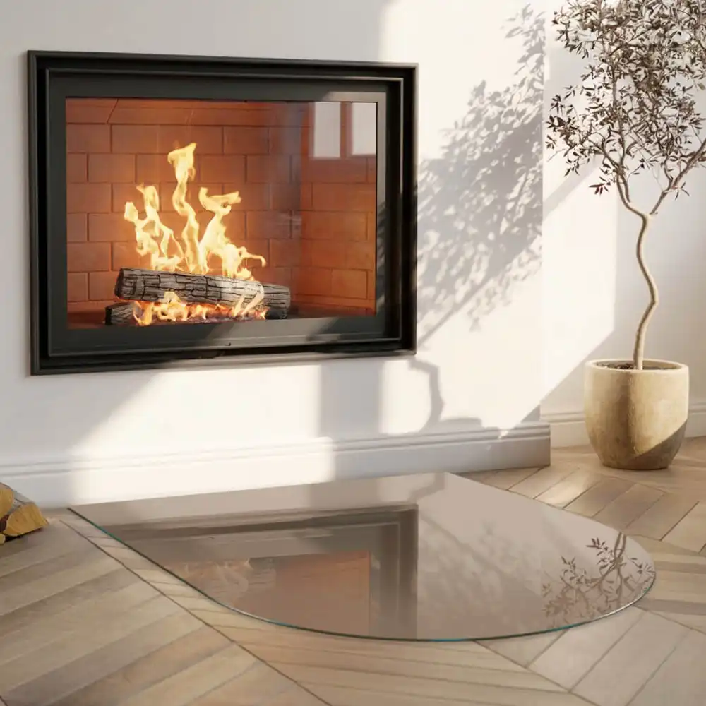 Plaque de protection en verre trempé semi-ovale pour poêle cheminée couleur brune