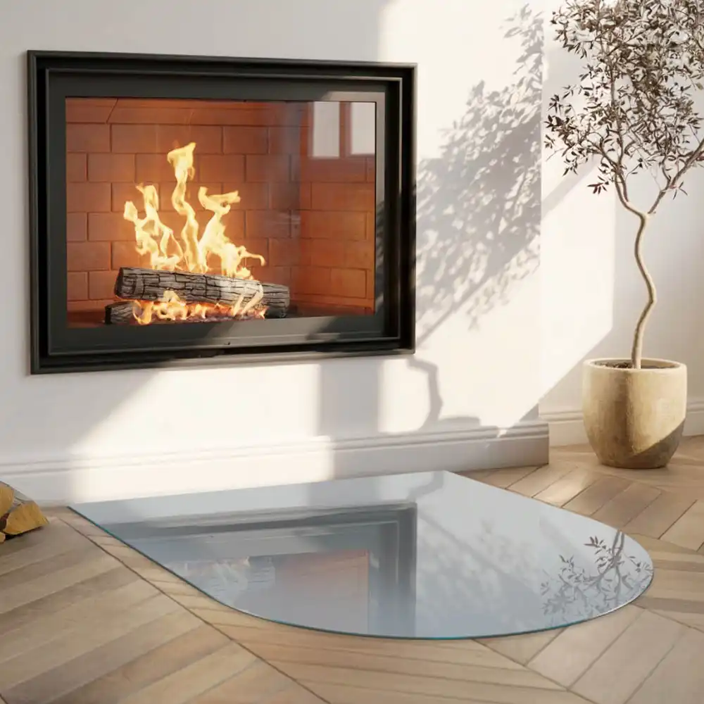 Plaque de sol semi-ovale pour cheminée en verre trempé gris
