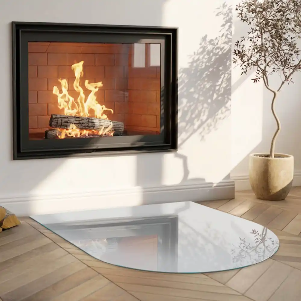 Plaque de sol semi-ovale en verre trempé grise pour cheminée