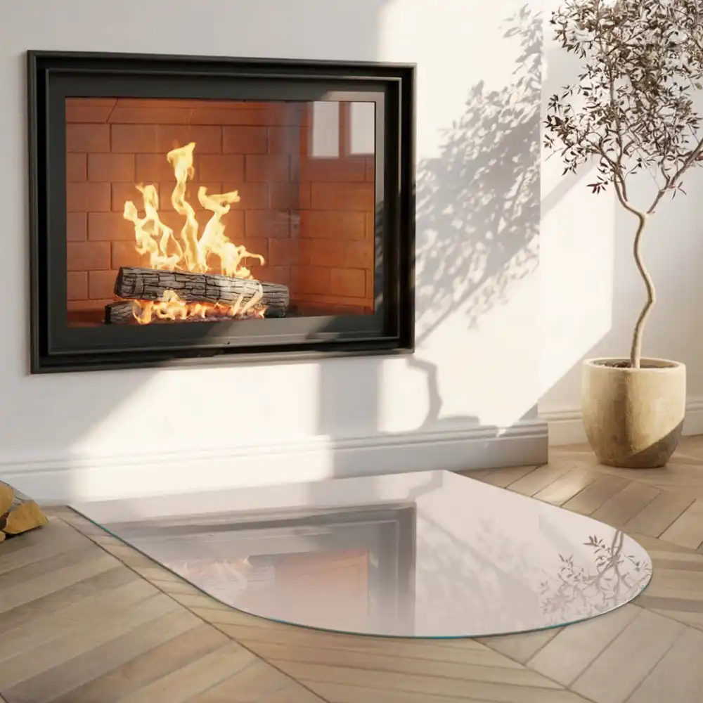 Plaque de protection en verre trempé semi-ovale pour poêle cheminée brun clair