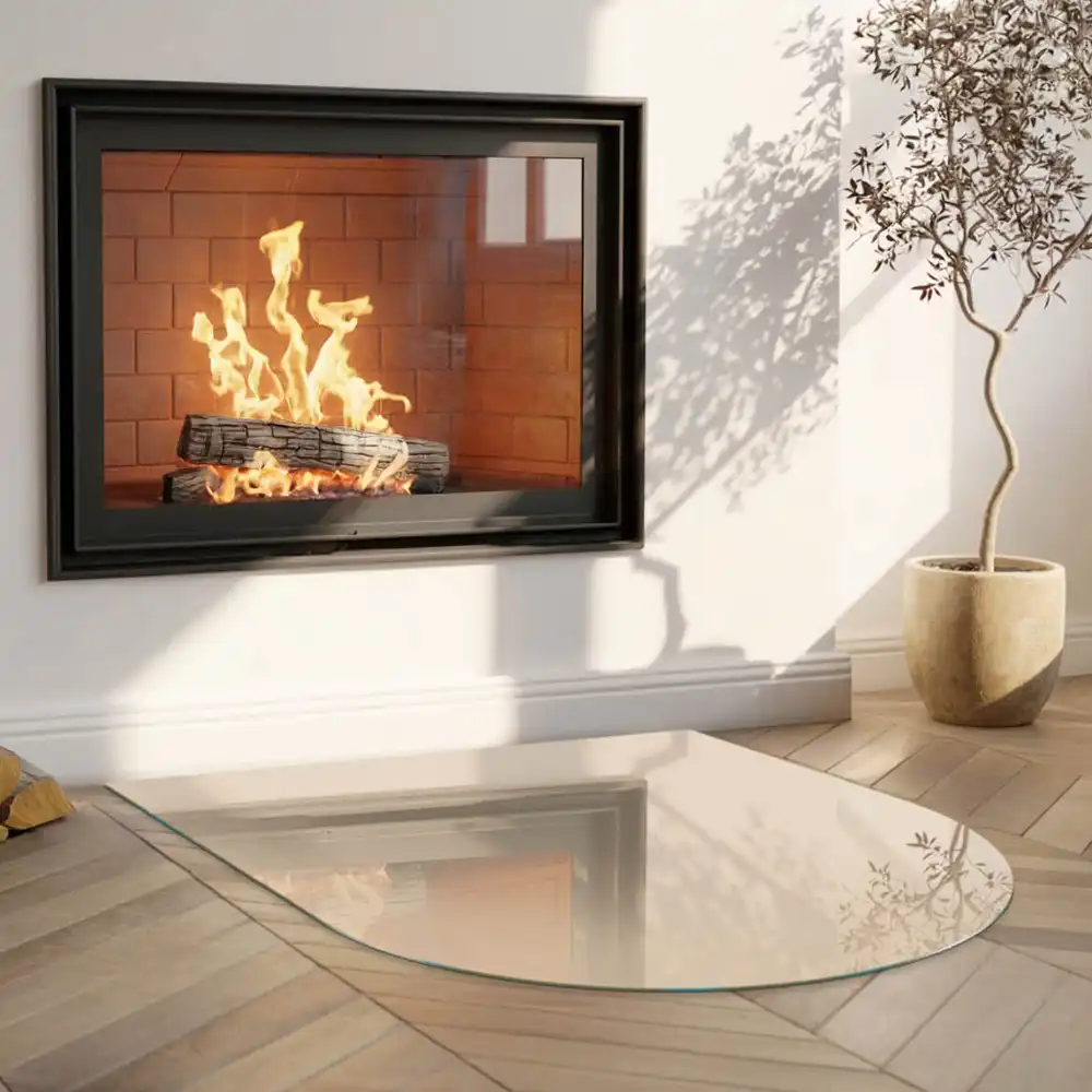 Plaque de sol semi-ovale en verre trempé pour poêle beige
