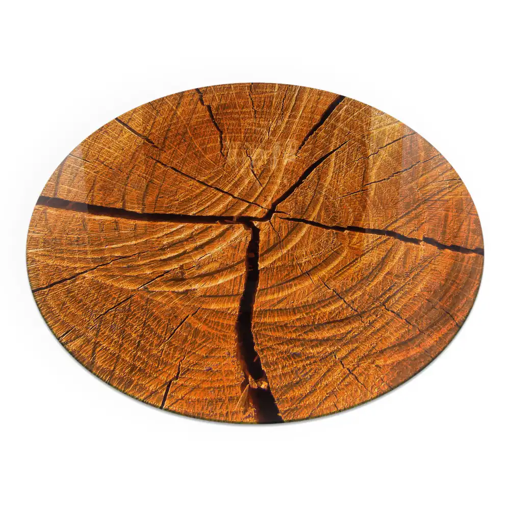 Plaque de protection ronde en verre trempé pour cheminée motif grain de bois en coupe transversale
