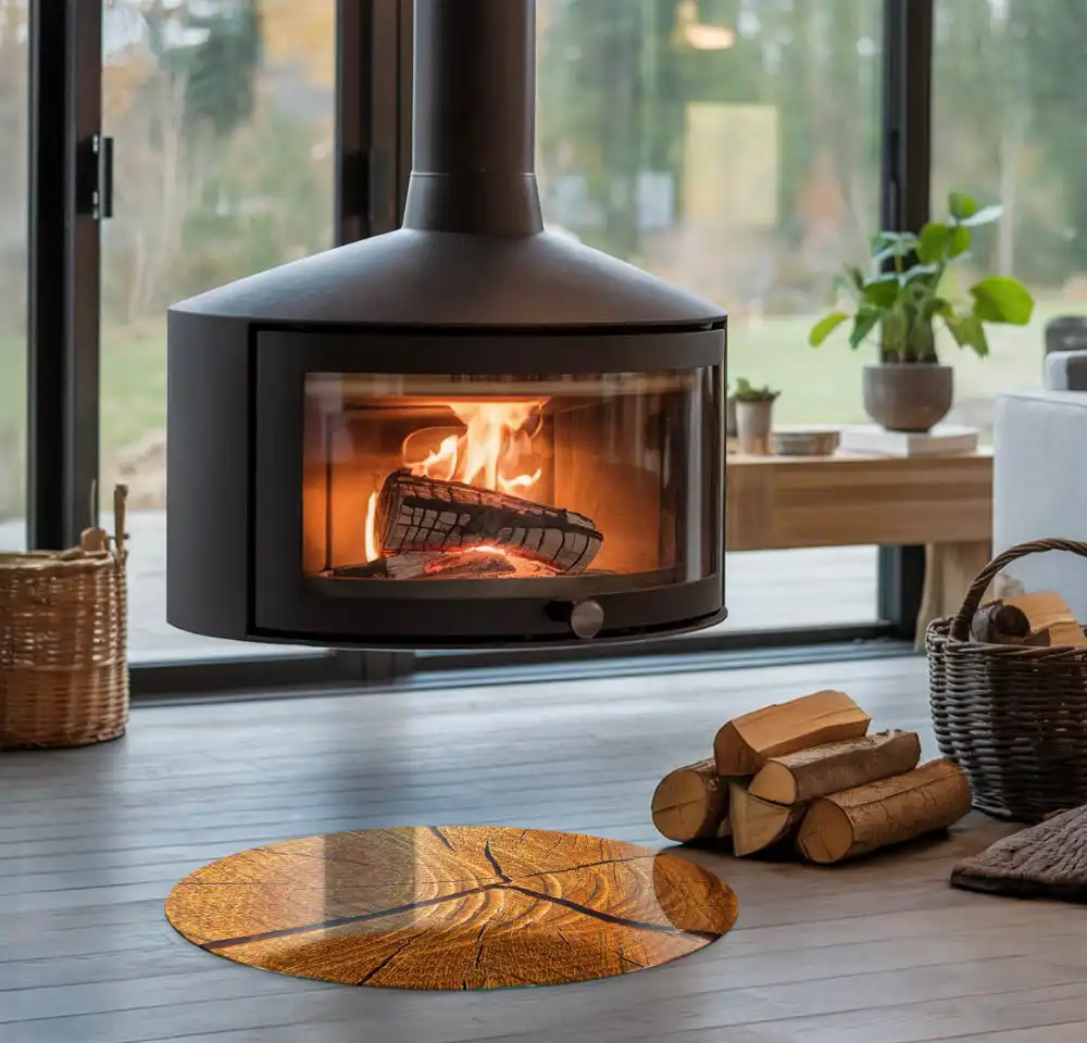 Plaque de protection ronde en verre trempé pour cheminée motif grain de bois en coupe transversale