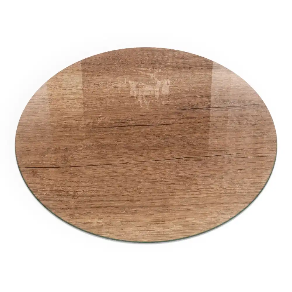 Plaque de sol ronde en verre pour cheminée motif bois naturel