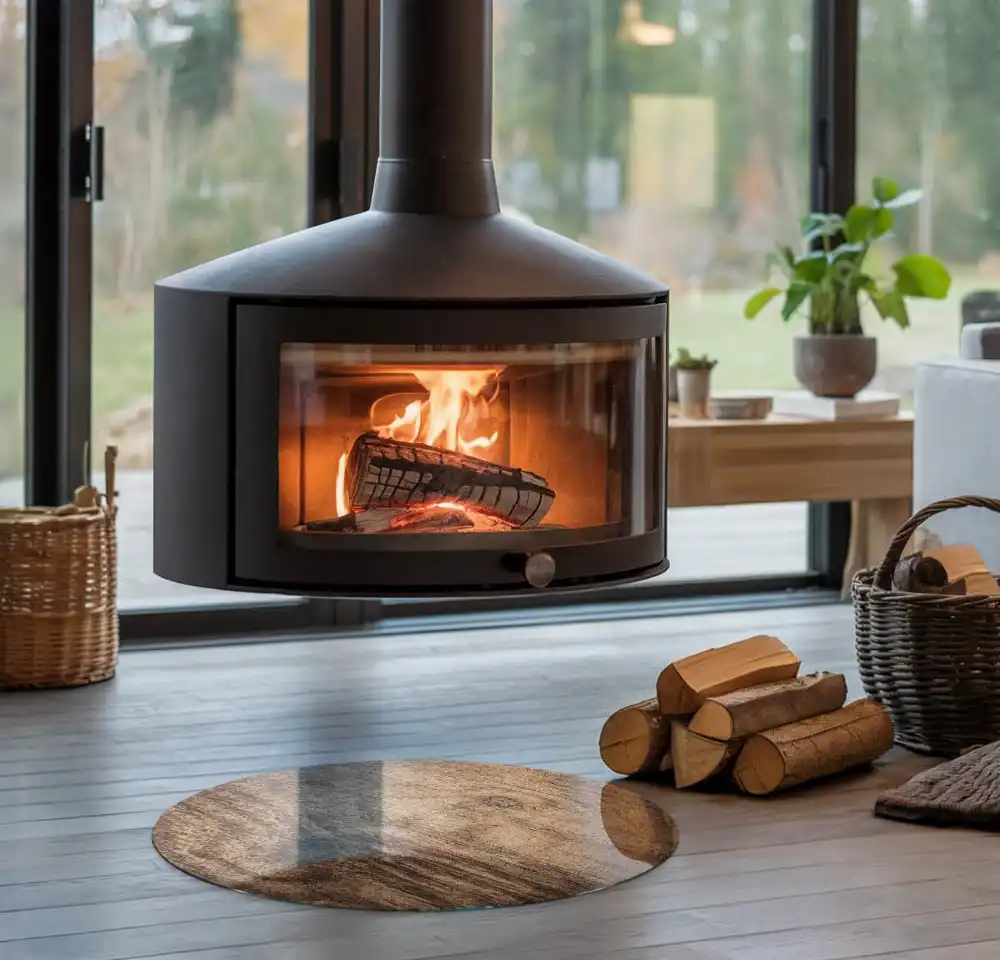 Plaque de sol ronde pour cheminée motif bois naturel