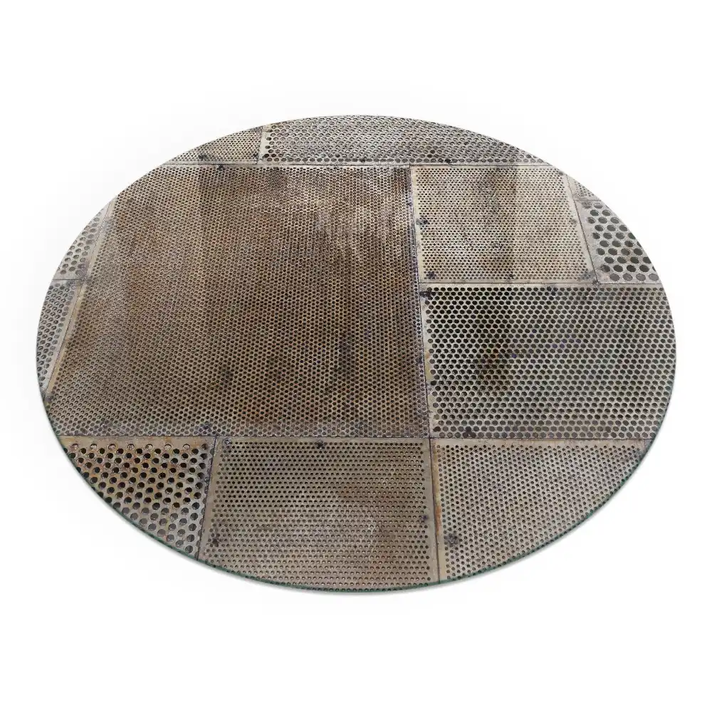 Plaque de sol ronde en verre pour cheminée avec motif de feuille perforée
