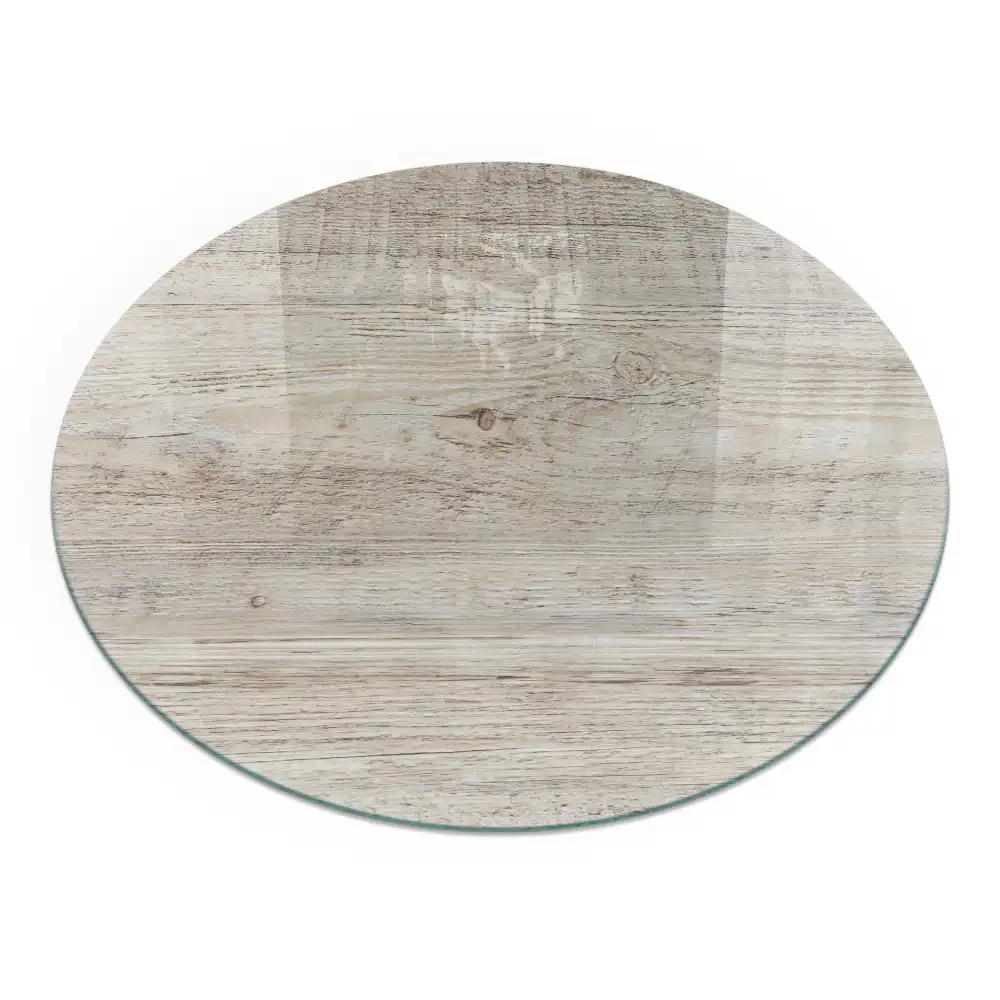 Plaque de sol ronde en verre pour cheminée aspect bois clair