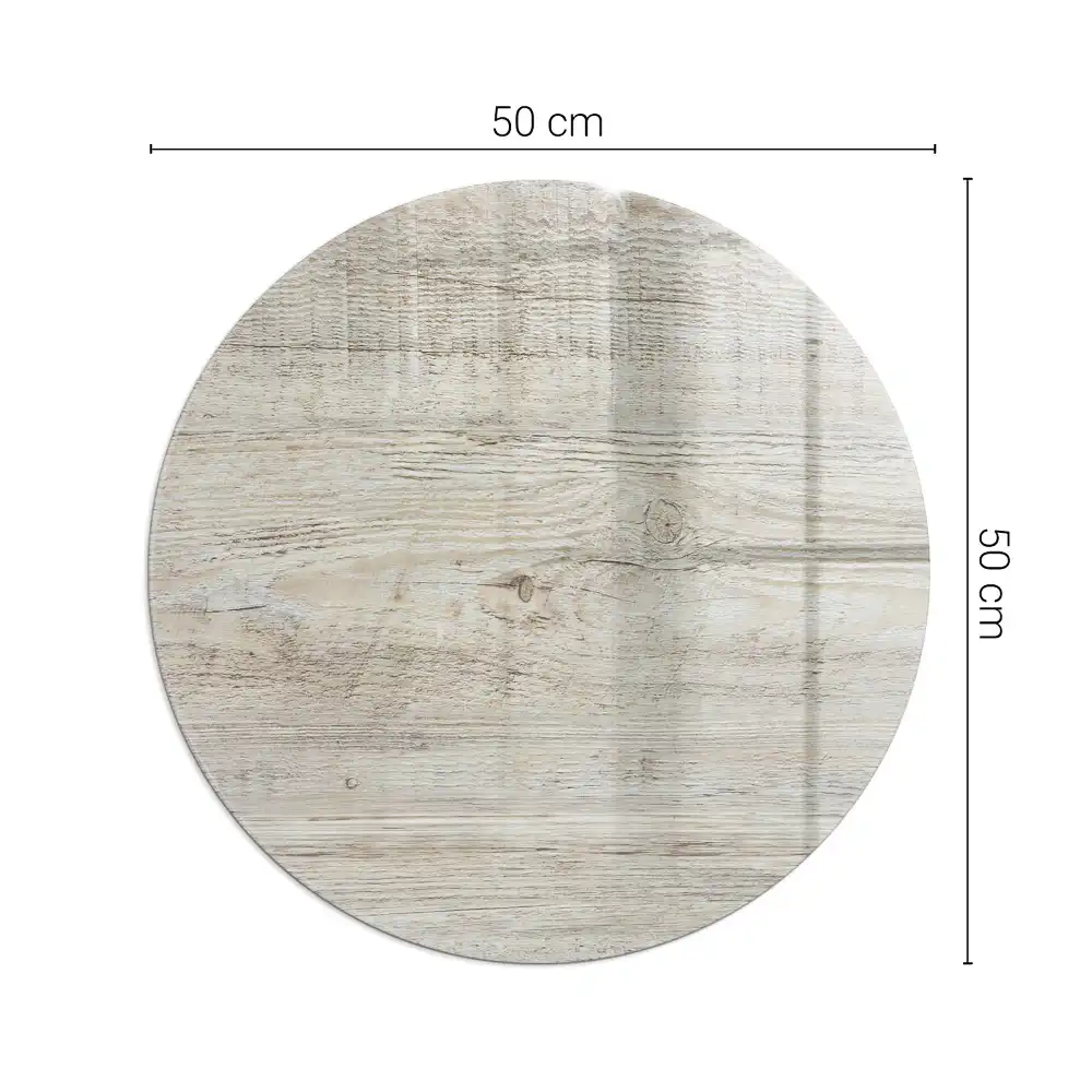 Plaque de sol ronde en verre pour cheminée aspect bois clair