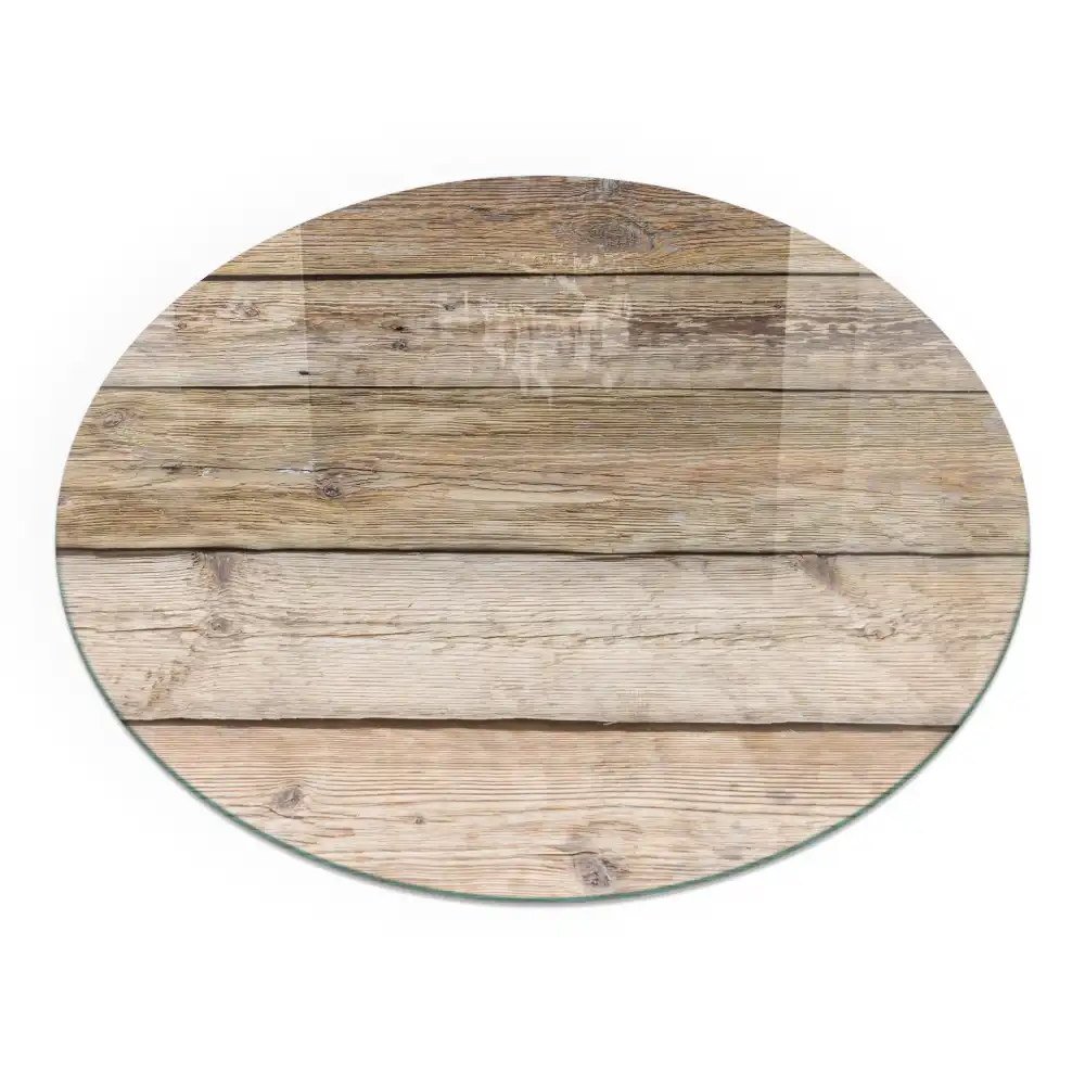 Plaque de protection ronde en verre trempé pour cheminée motif planches de bois