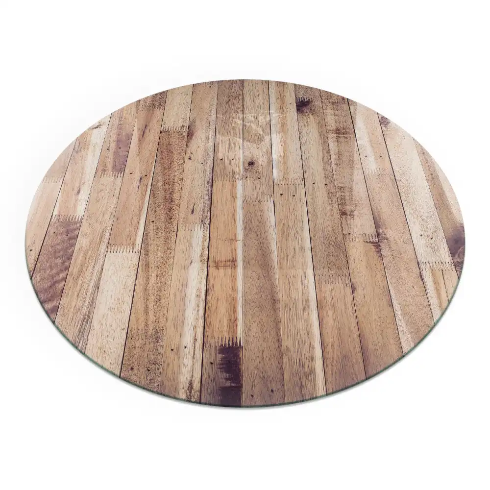 Plaque de sol ronde en verre pour cheminée effet planche en bois
