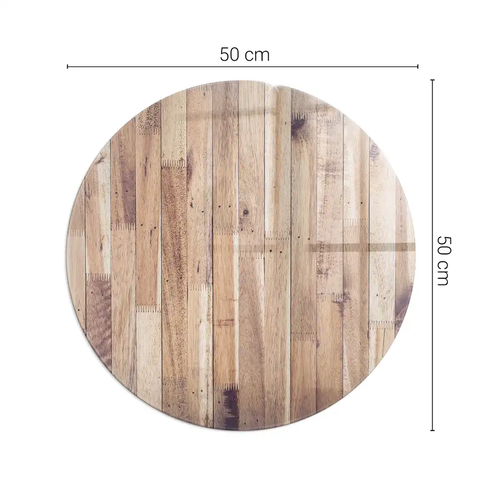 Plaque de sol ronde en verre pour cheminée effet planche en bois