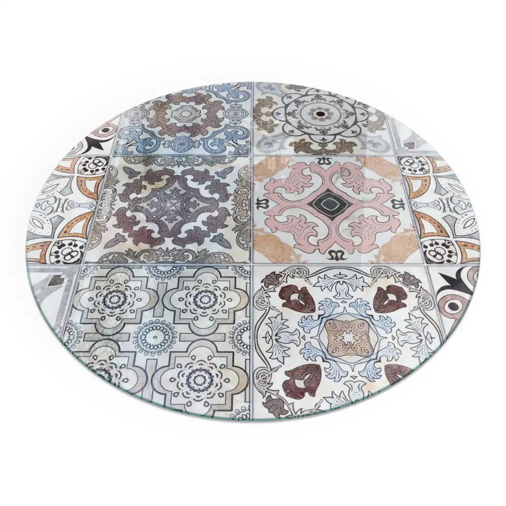 Plaque de sol ronde en verre pour cheminée avec motif mosaïque
