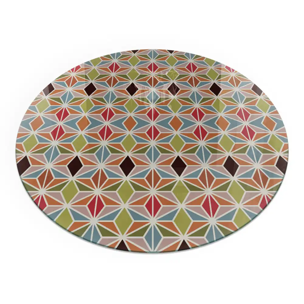 Plaque de sol ronde en verre pour cheminée avec motifs polygonaux dans une grille