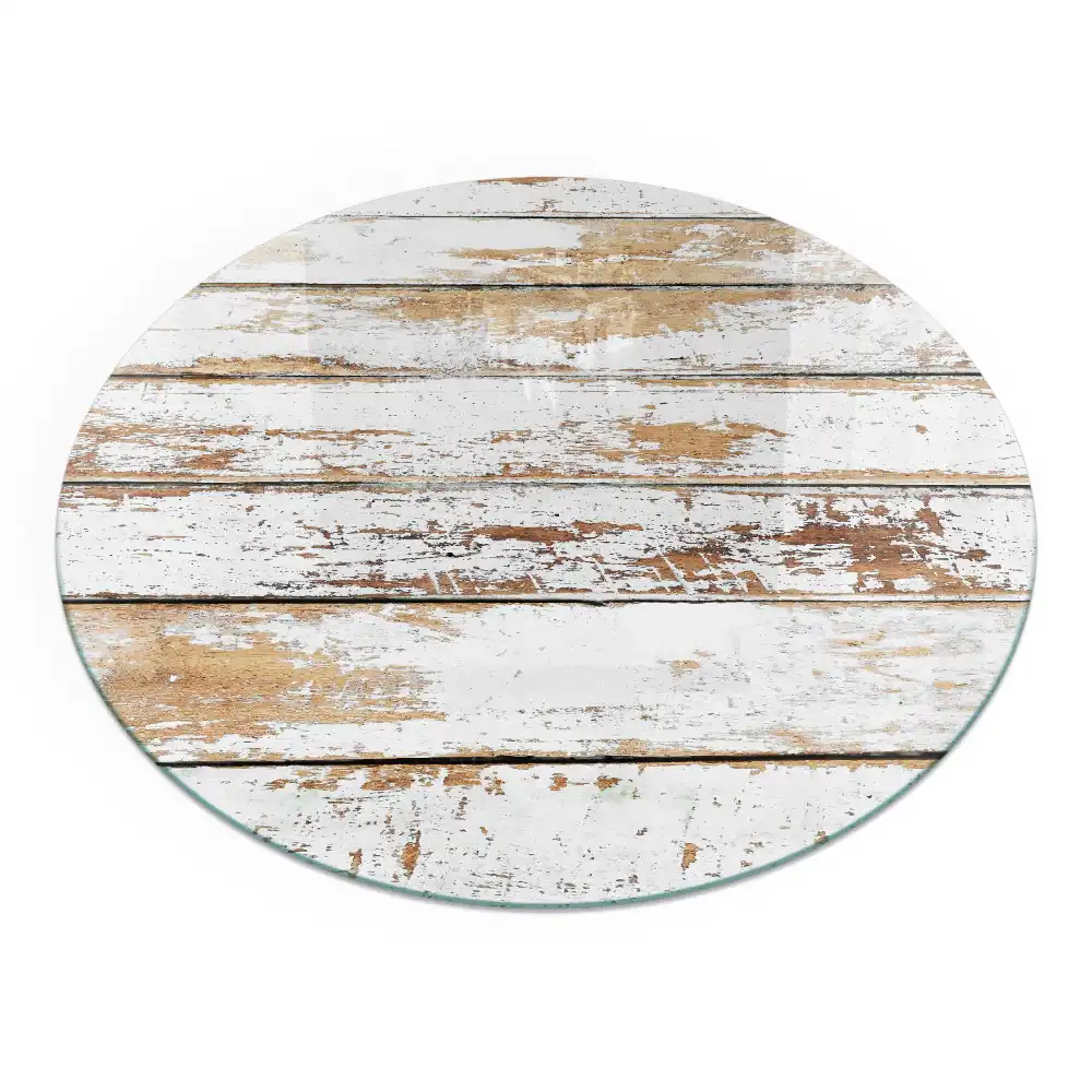 Plaque de protection ronde en verre trempé pour cheminée motif planche de bois endommagée