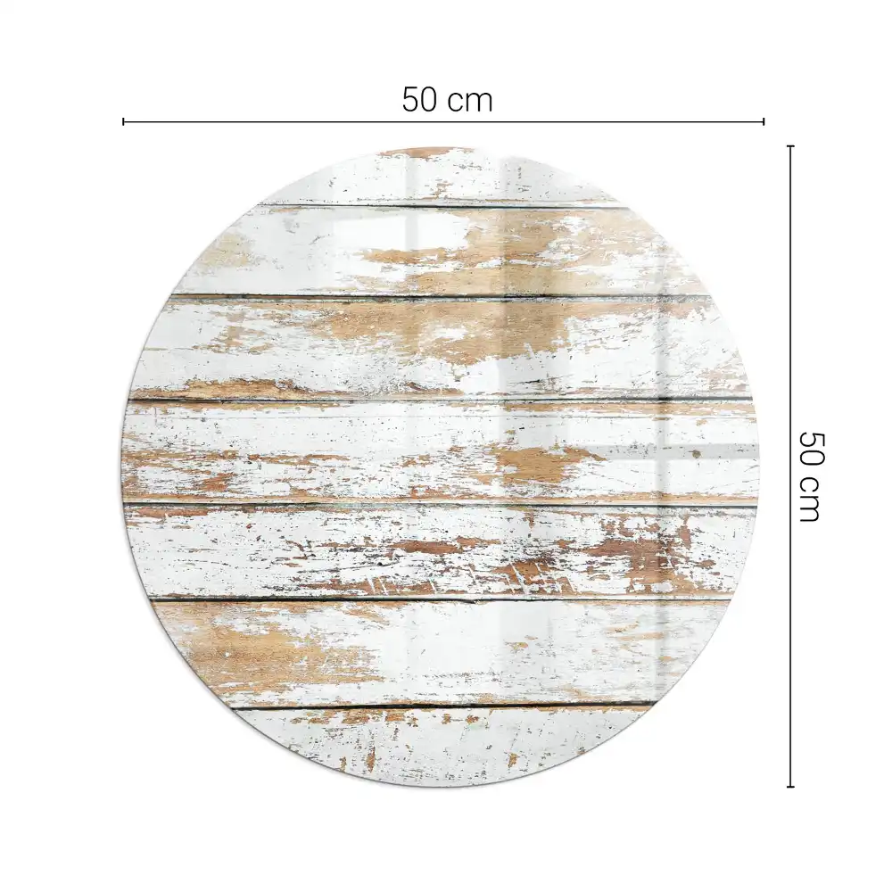 Plaque de protection ronde en verre trempé pour cheminée motif planche de bois endommagée