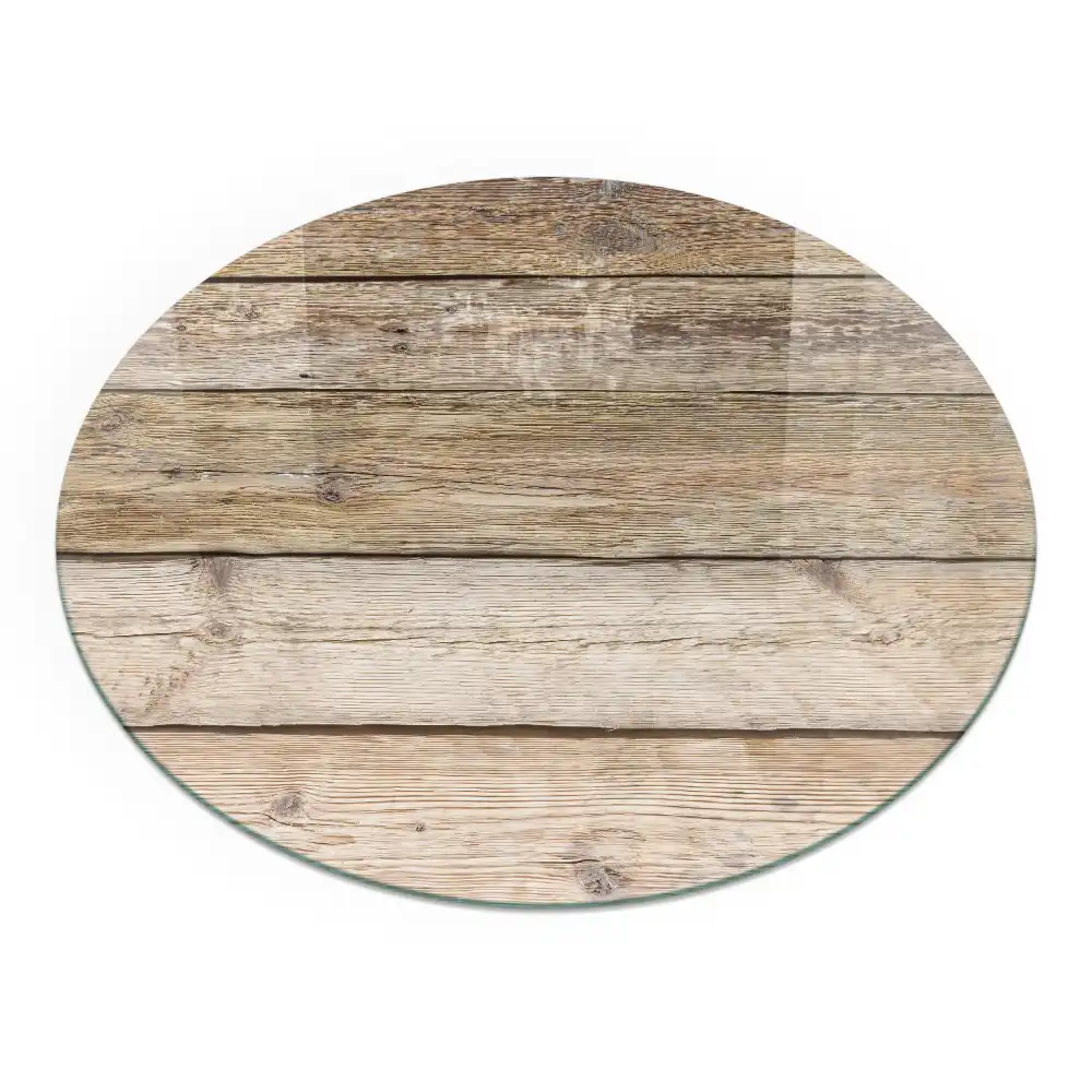 Plaque de protection ronde en verre trempé pour cheminée motif planches en bois naturel