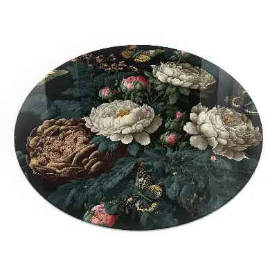 Plaque de sol ronde en verre pour cheminée à motif floral et papillons