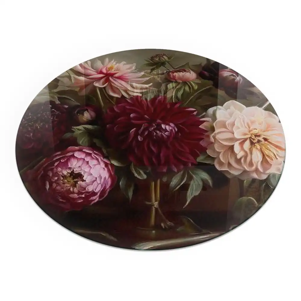 Plaque de protection ronde en verre trempé pour cheminée motif bouquet de fleurs