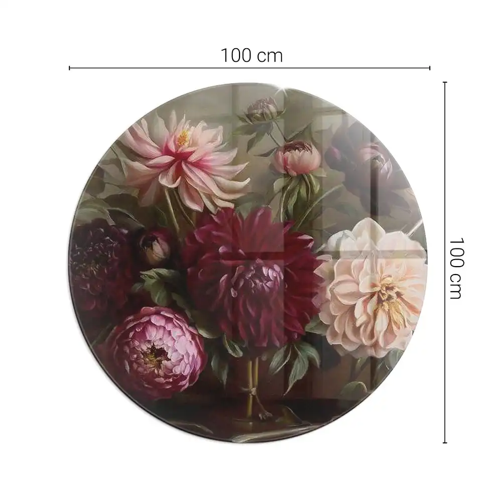 Plaque de protection ronde en verre trempé pour cheminée motif bouquet de fleurs