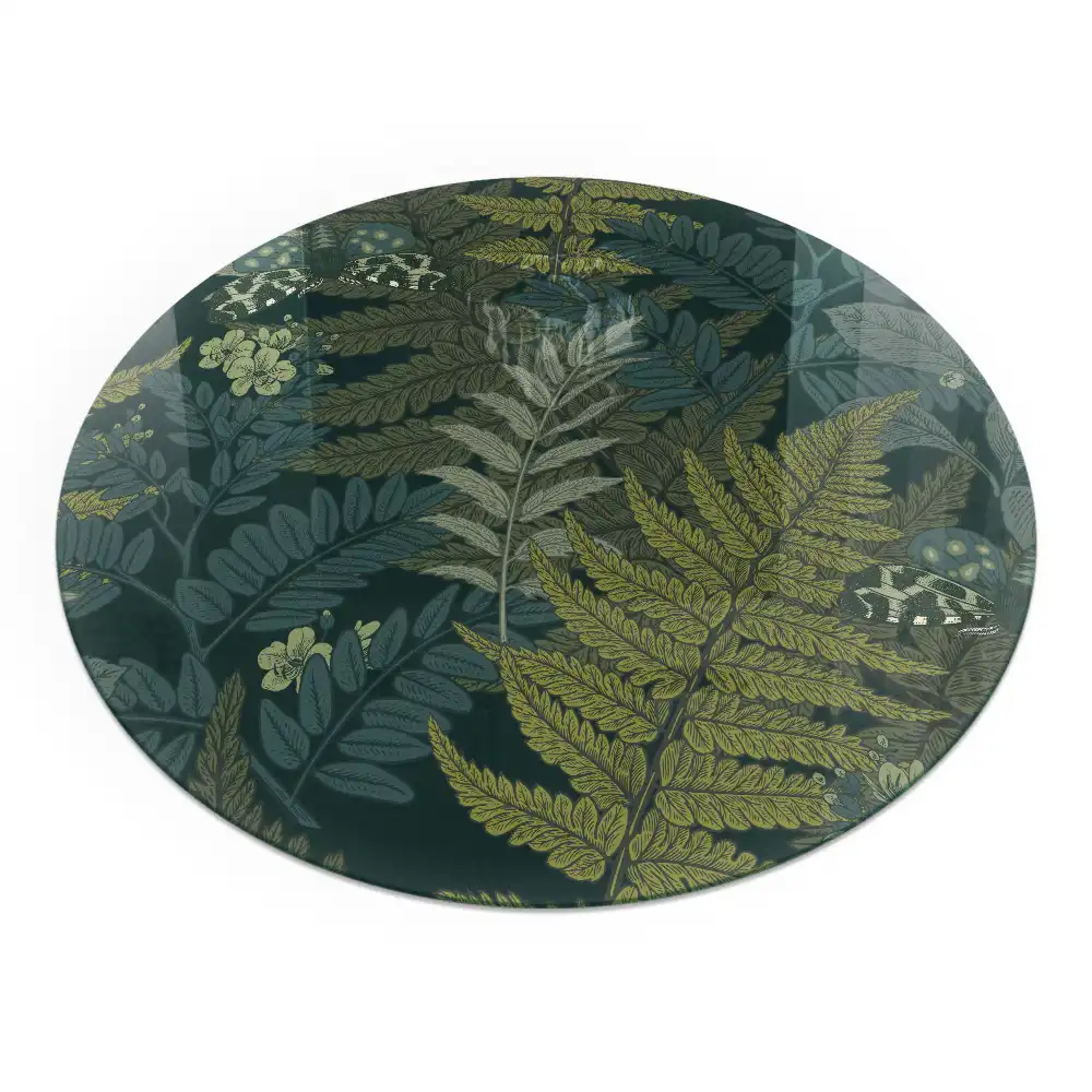 Plaque de sol ronde en verre pour cheminée à motifs végétaux et papillons