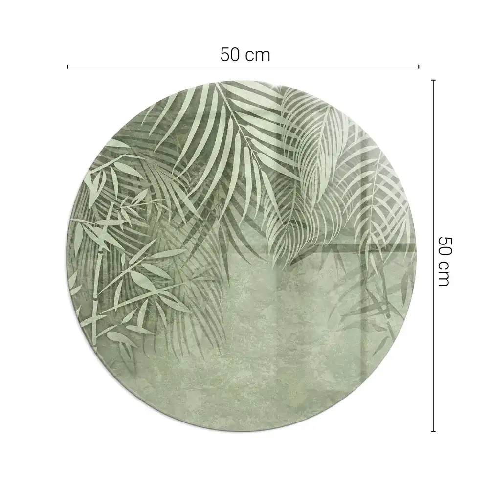 Plaque de sol ronde en verre pour cheminée avec motif de feuilles tropicales